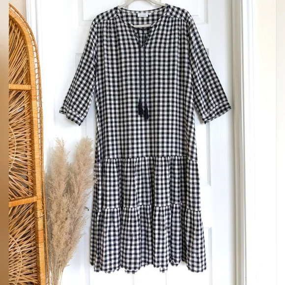 Black and White Gingham Midi Dress with Tassel Tie - Picture 2 of 12